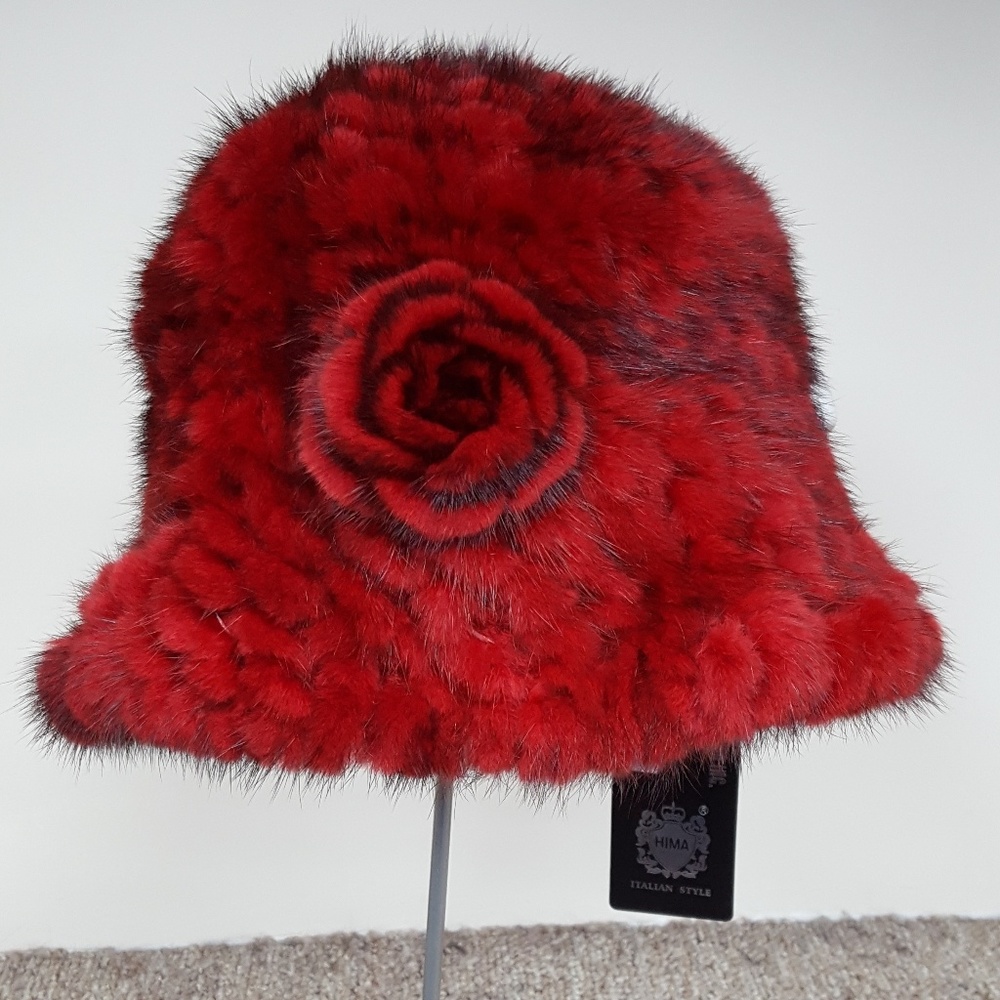 Knitted Mink Fur Hat with Rose